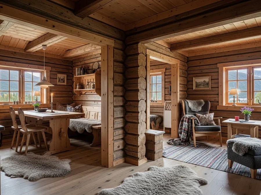 Tradisjonell romfordeling — ro og kontroll – Åpen planløsning vs. tradisjonell romfordeling i laftehytte