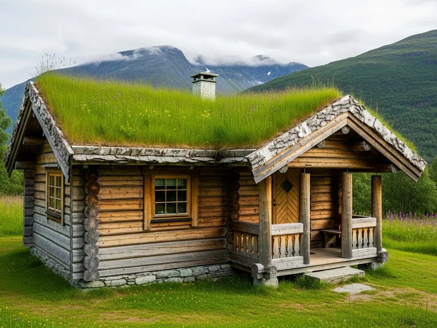 Tradisjonell laftehytte med grønt torvtak og bjørkenever