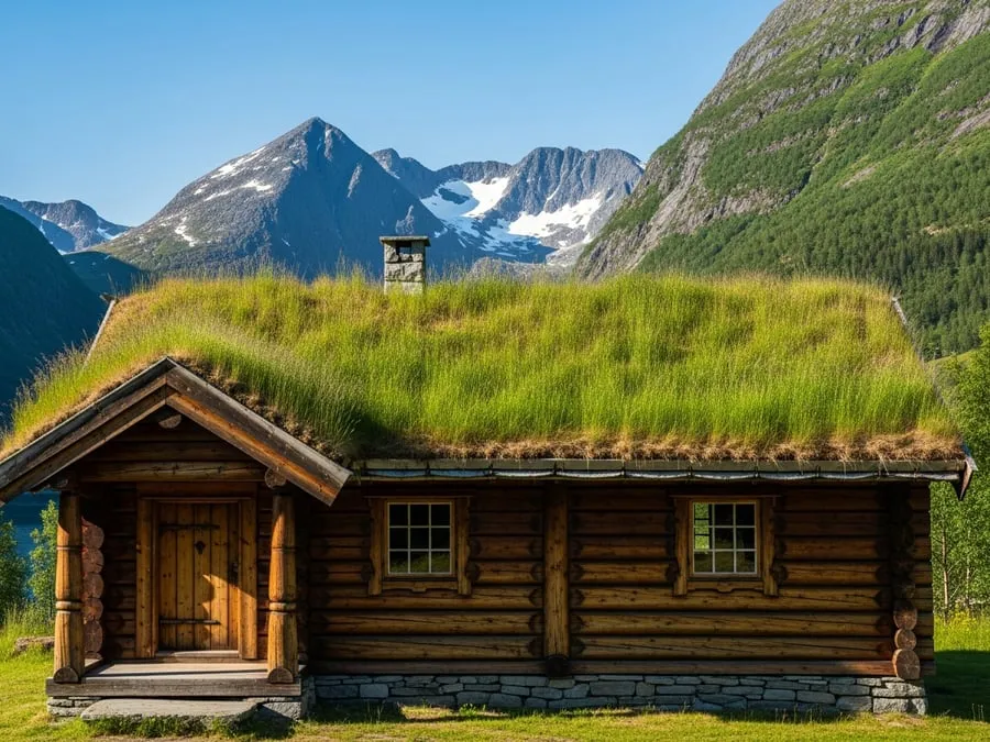 Laftehytte med torvtak i norsk fjelllandskap